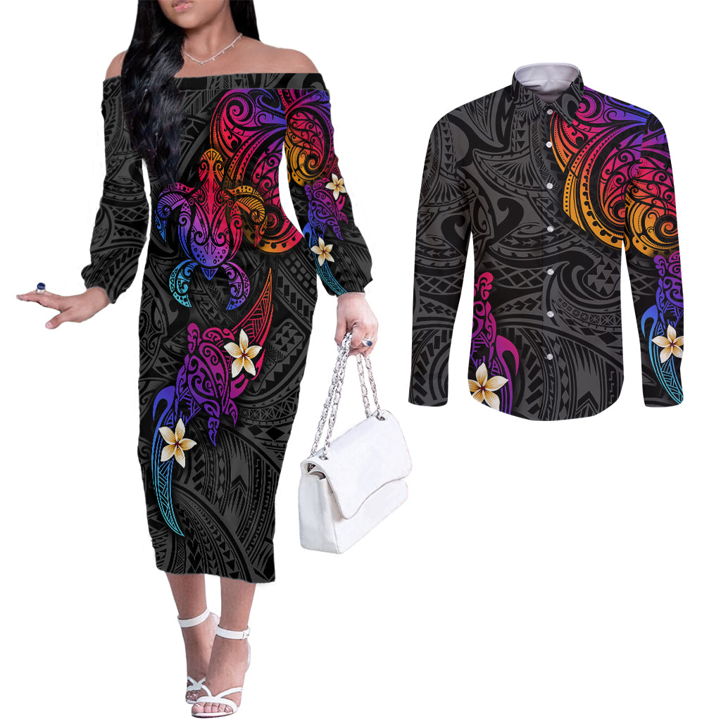 turtle-and-plumeria-polynesian-couples-matching-off-the-shoulder-long-sleeve-dress-and-long-sleeve-button-shirts