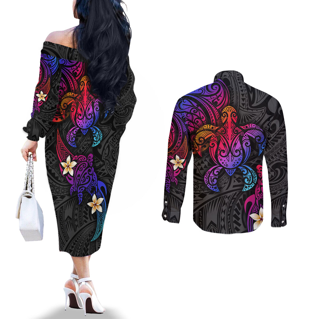 turtle-and-plumeria-polynesian-couples-matching-off-the-shoulder-long-sleeve-dress-and-long-sleeve-button-shirts