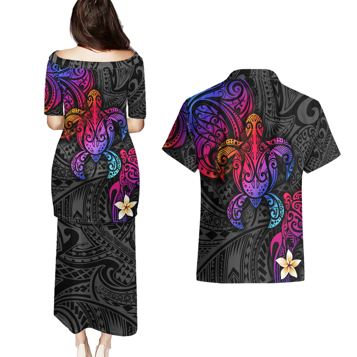 Turtle and Plumeria - Polynesian Couples Matching Puletasi Dress and Hawaiian Shirt - Wonder Print Shop