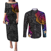 Turtle and Plumeria - Polynesian Couples Matching Puletasi Dress and Long Sleeve Button Shirts - Wonder Print Shop