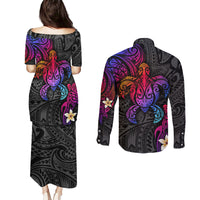 Turtle and Plumeria - Polynesian Couples Matching Puletasi Dress and Long Sleeve Button Shirts - Wonder Print Shop