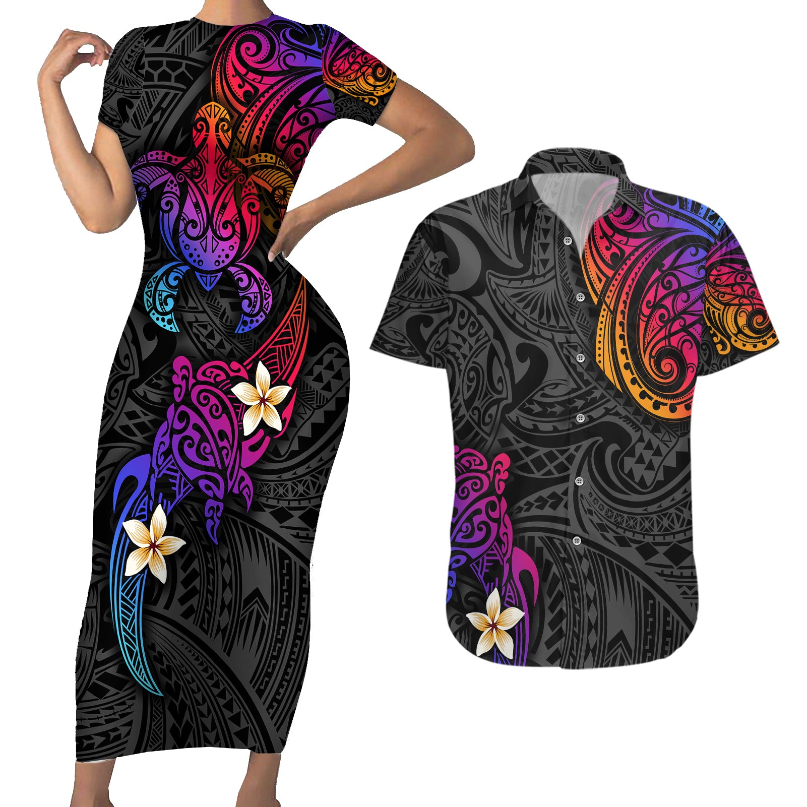 Turtle and Plumeria - Polynesian Couples Matching Short Sleeve Bodycon Dress and Hawaiian Shirt - Wonder Print Shop