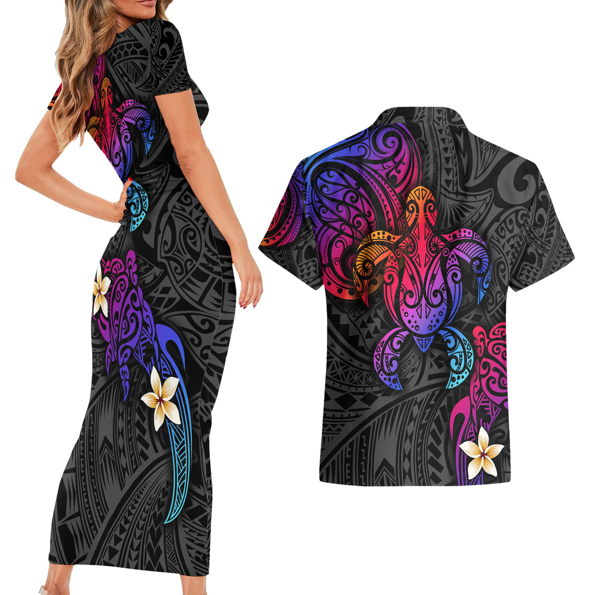 Turtle and Plumeria - Polynesian Couples Matching Short Sleeve Bodycon Dress and Hawaiian Shirt - Wonder Print Shop