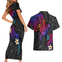 Turtle and Plumeria - Polynesian Couples Matching Short Sleeve Bodycon Dress and Hawaiian Shirt - Wonder Print Shop