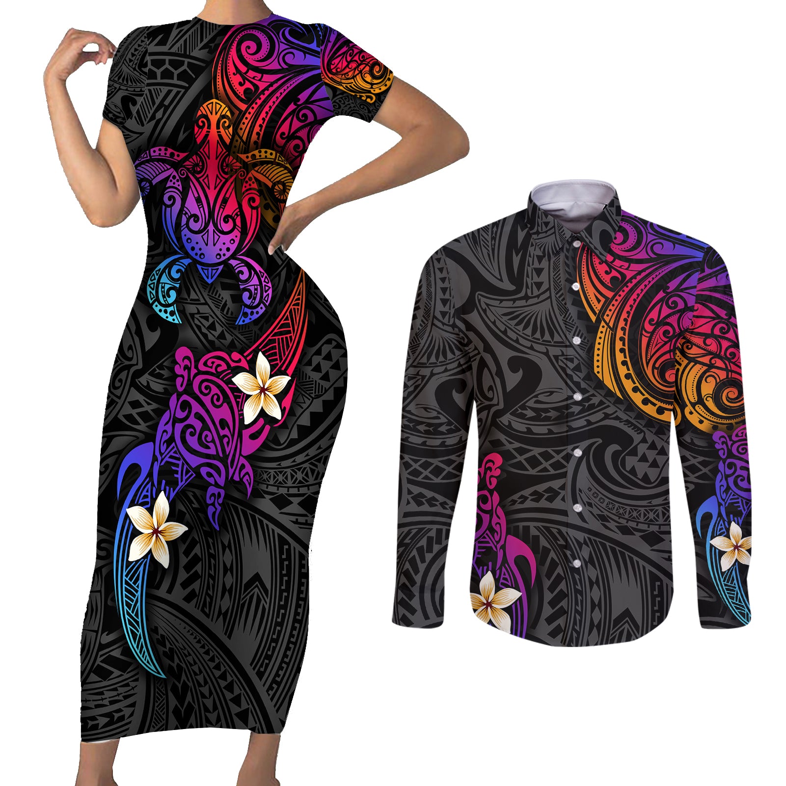 Turtle and Plumeria - Polynesian Couples Matching Short Sleeve Bodycon Dress and Long Sleeve Button Shirts - Wonder Print Shop