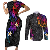 Turtle and Plumeria - Polynesian Couples Matching Short Sleeve Bodycon Dress and Long Sleeve Button Shirts - Wonder Print Shop