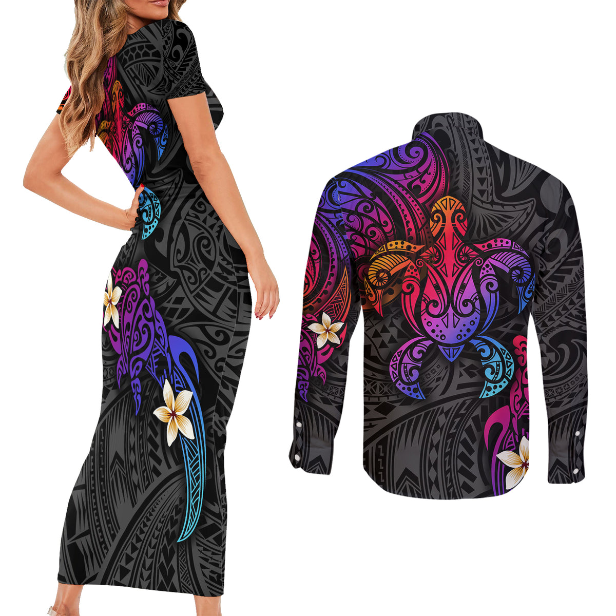 Turtle and Plumeria - Polynesian Couples Matching Short Sleeve Bodycon Dress and Long Sleeve Button Shirts - Wonder Print Shop