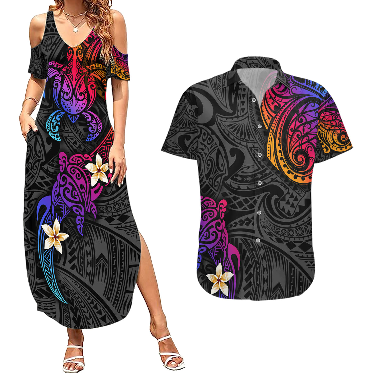 Turtle and Plumeria - Polynesian Couples Matching Summer Maxi Dress and Hawaiian Shirt - Wonder Print Shop