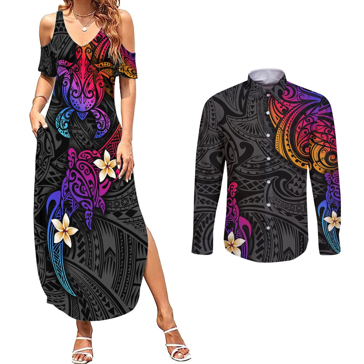 Turtle and Plumeria - Polynesian Couples Matching Summer Maxi Dress and Long Sleeve Button Shirts - Wonder Print Shop