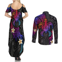 Turtle and Plumeria - Polynesian Couples Matching Summer Maxi Dress and Long Sleeve Button Shirts - Wonder Print Shop