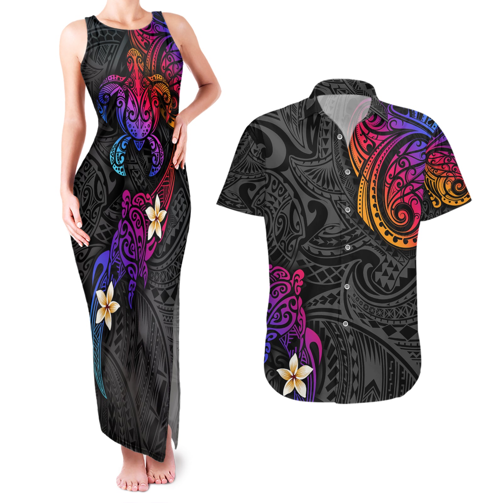 Turtle and Plumeria - Polynesian Couples Matching Tank Maxi Dress and Hawaiian Shirt - Wonder Print Shop