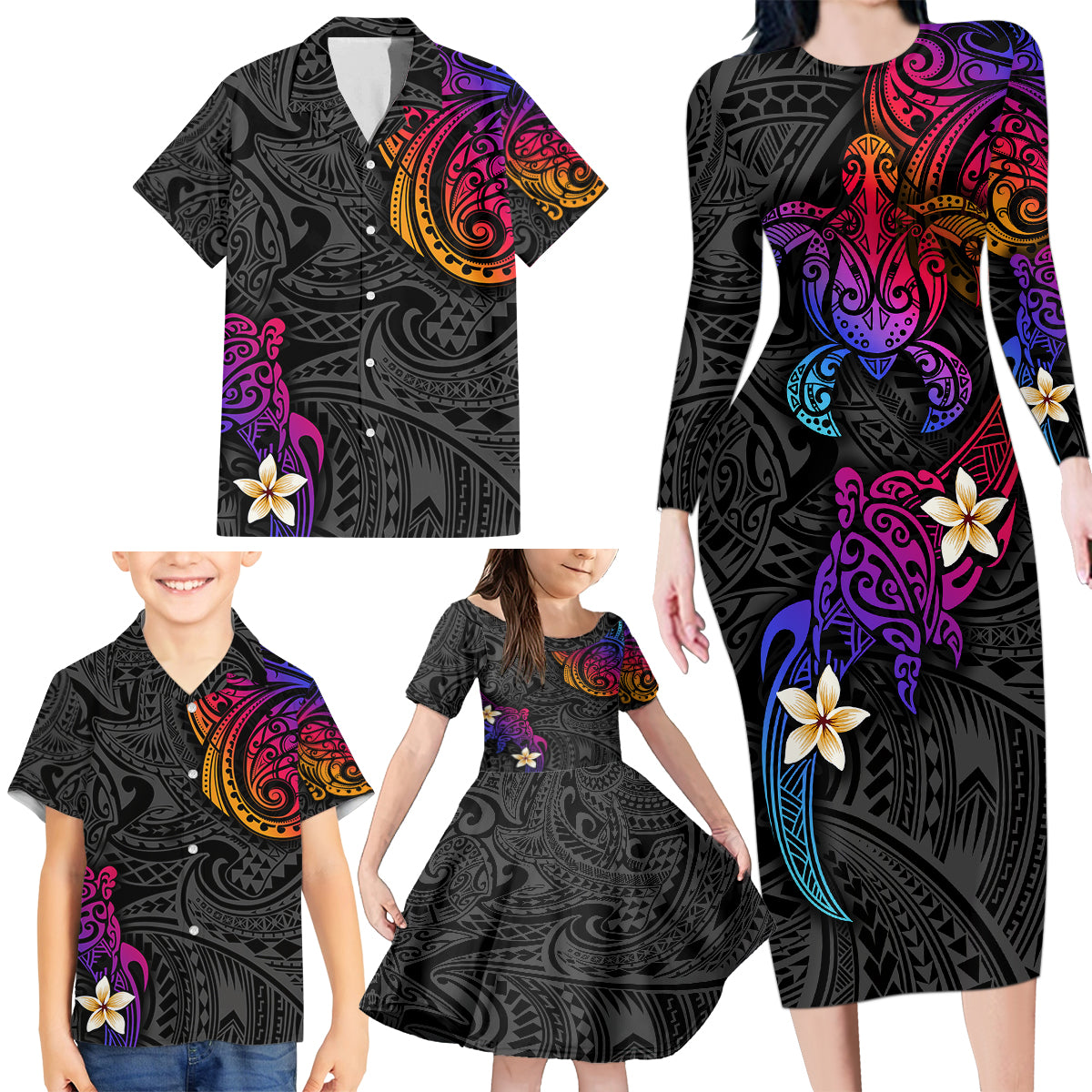 Turtle and Plumeria - Polynesian Family Matching Long Sleeve Bodycon Dress and Hawaiian Shirt - Wonder Print Shop