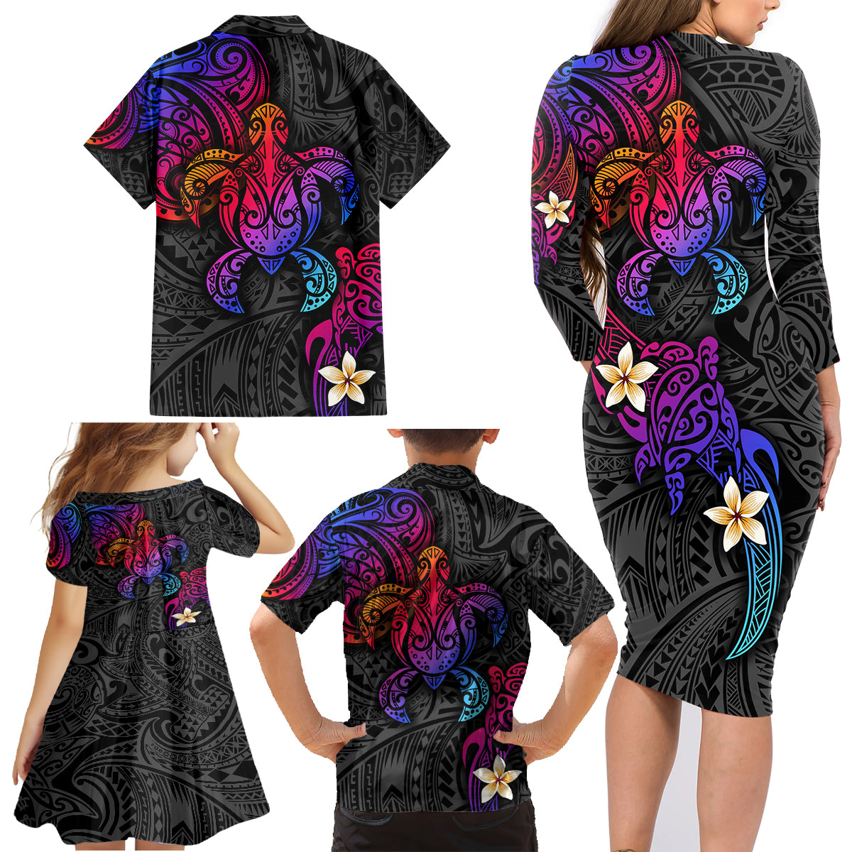 Turtle and Plumeria - Polynesian Family Matching Long Sleeve Bodycon Dress and Hawaiian Shirt - Wonder Print Shop