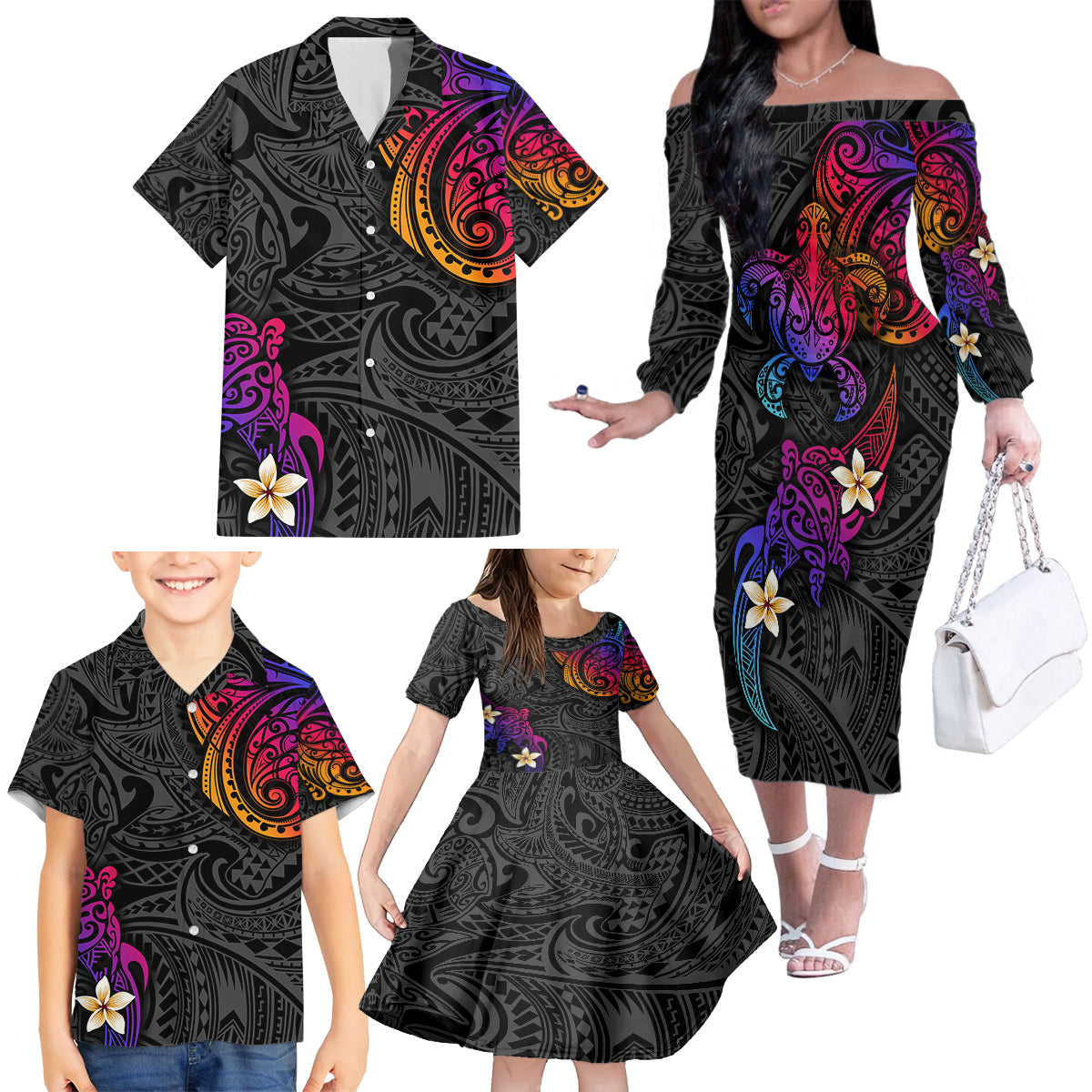 Turtle and Plumeria - Polynesian Family Matching Off Shoulder Long Sleeve Dress and Hawaiian Shirt - Wonder Print Shop