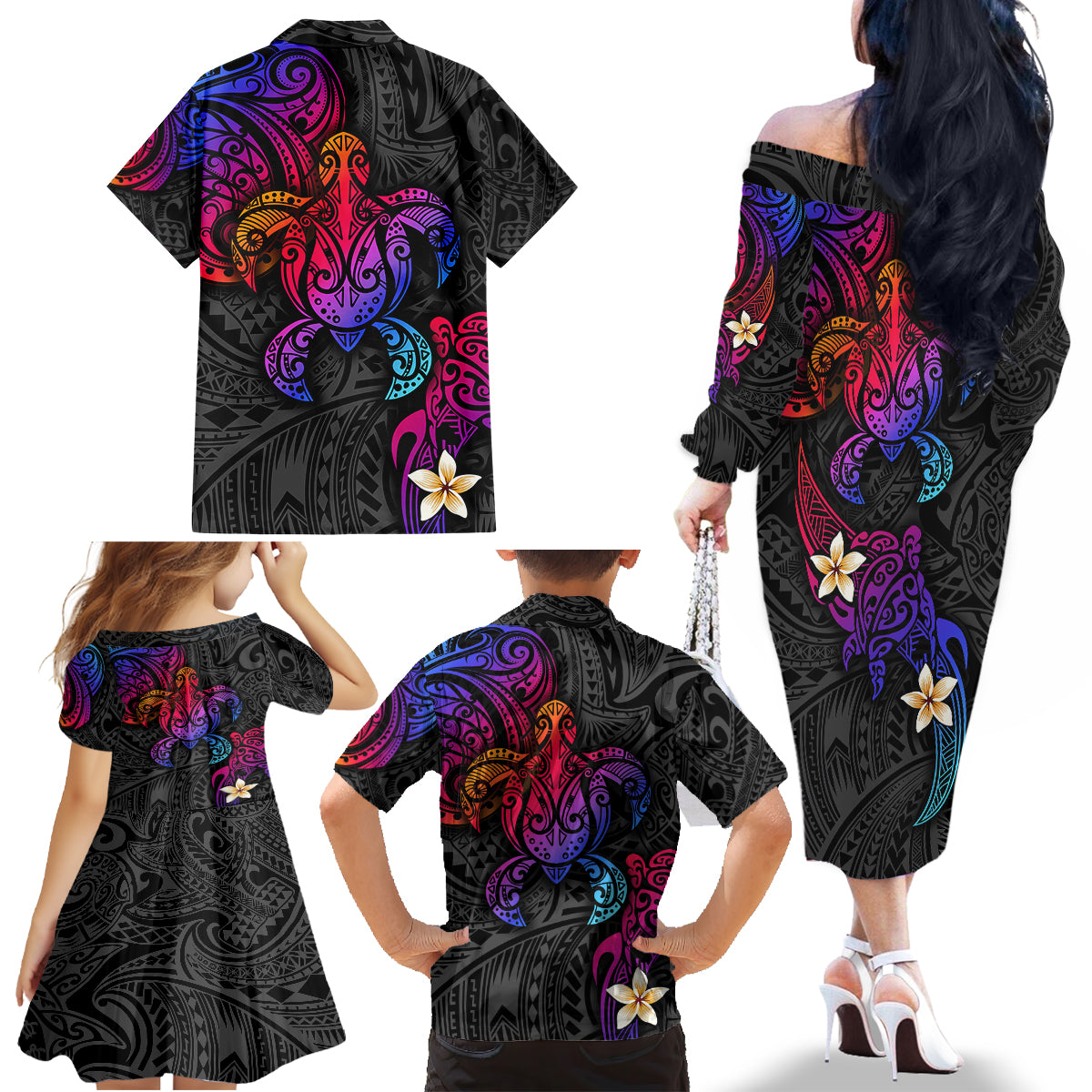 Turtle and Plumeria - Polynesian Family Matching Off Shoulder Long Sleeve Dress and Hawaiian Shirt - Wonder Print Shop