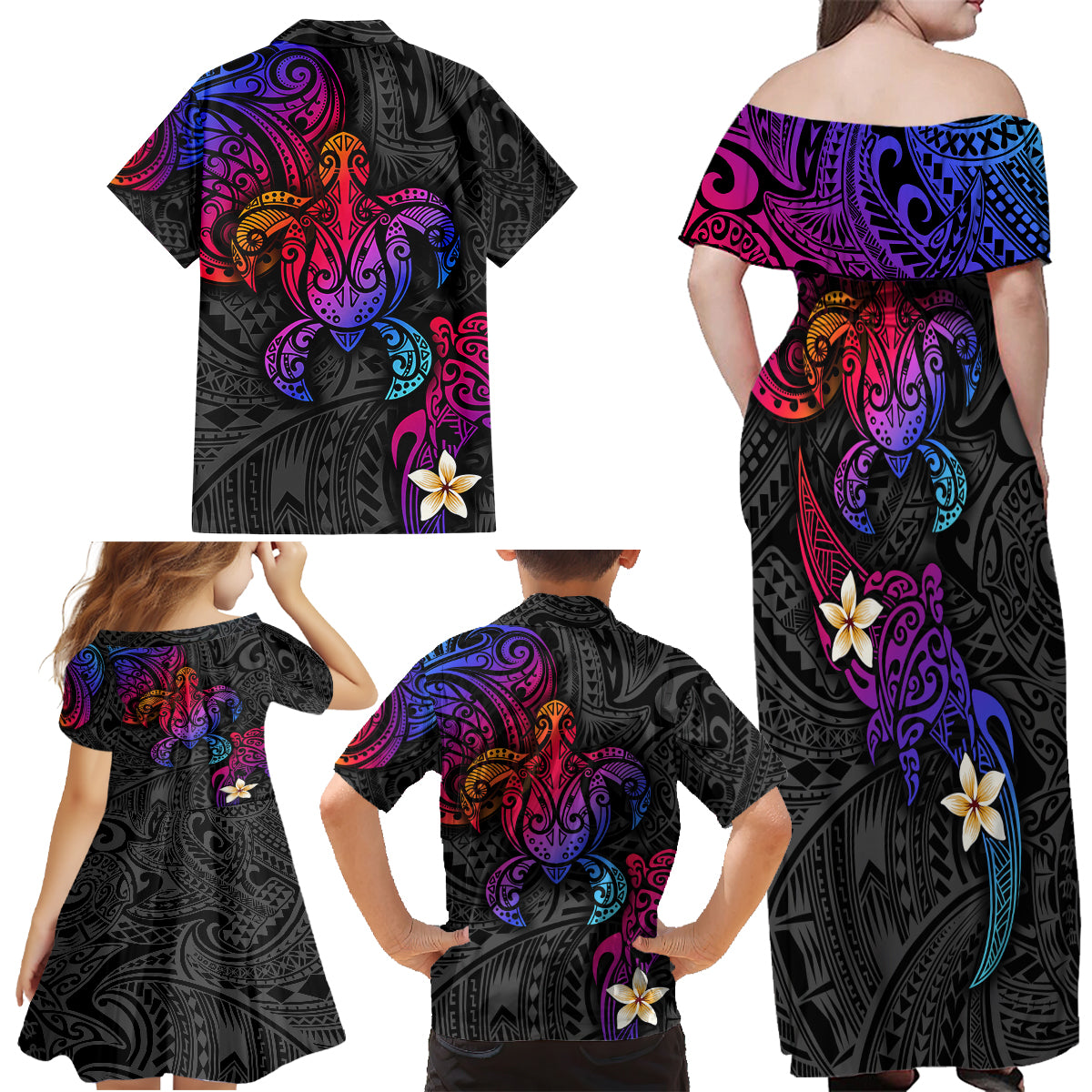 Turtle and Plumeria - Polynesian Family Matching Off Shoulder Maxi Dress and Hawaiian Shirt - Wonder Print Shop
