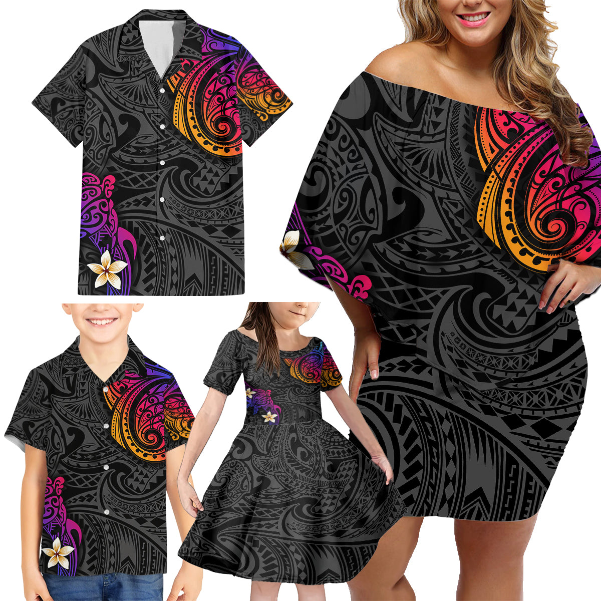Turtle and Plumeria - Polynesian Family Matching Off Shoulder Short Dress and Hawaiian Shirt - Wonder Print Shop