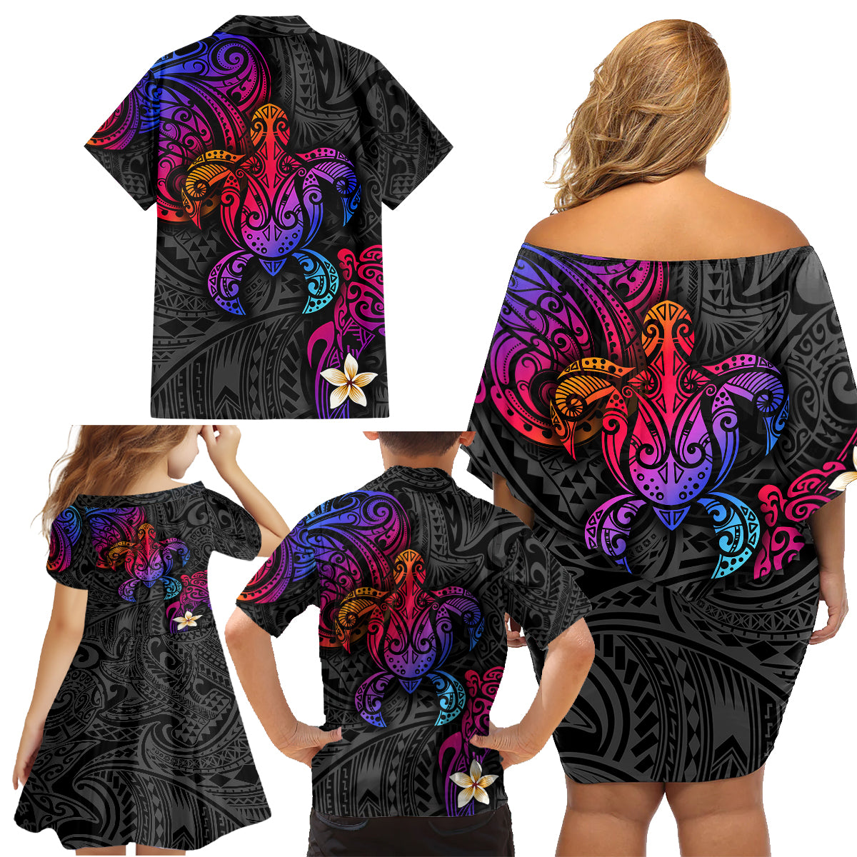 Turtle and Plumeria - Polynesian Family Matching Off Shoulder Short Dress and Hawaiian Shirt - Wonder Print Shop