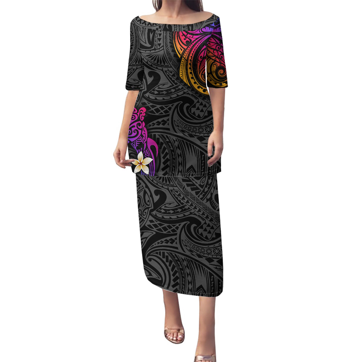 Turtle and Plumeria - Polynesian Family Matching Puletasi Dress and Hawaiian Shirt - Wonder Print Shop