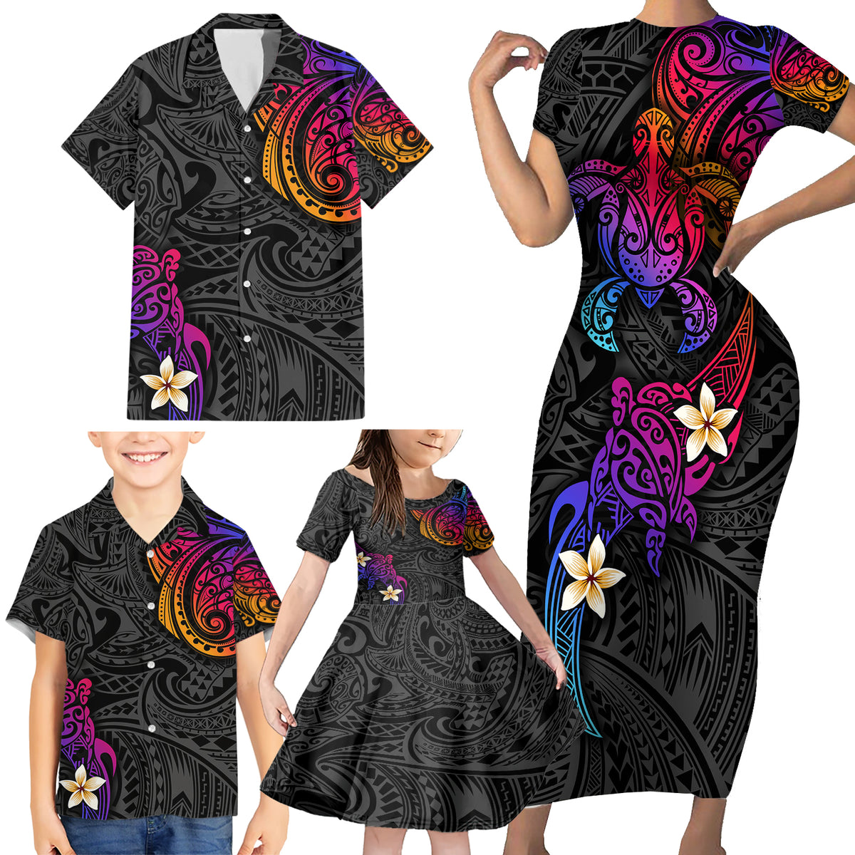 Turtle and Plumeria - Polynesian Family Matching Short Sleeve Bodycon Dress and Hawaiian Shirt - Wonder Print Shop
