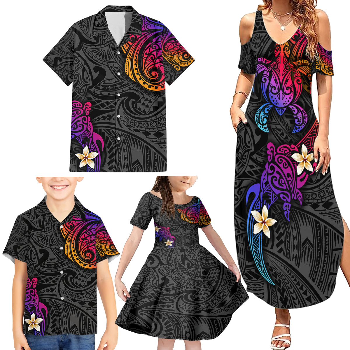 Turtle and Plumeria - Polynesian Family Matching Summer Maxi Dress and Hawaiian Shirt - Wonder Print Shop