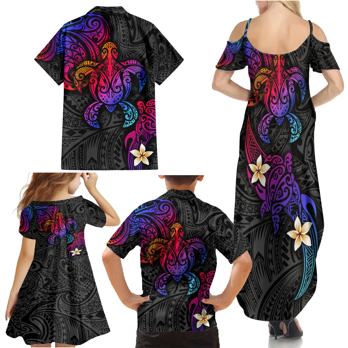 Turtle and Plumeria - Polynesian Family Matching Summer Maxi Dress and Hawaiian Shirt - Wonder Print Shop