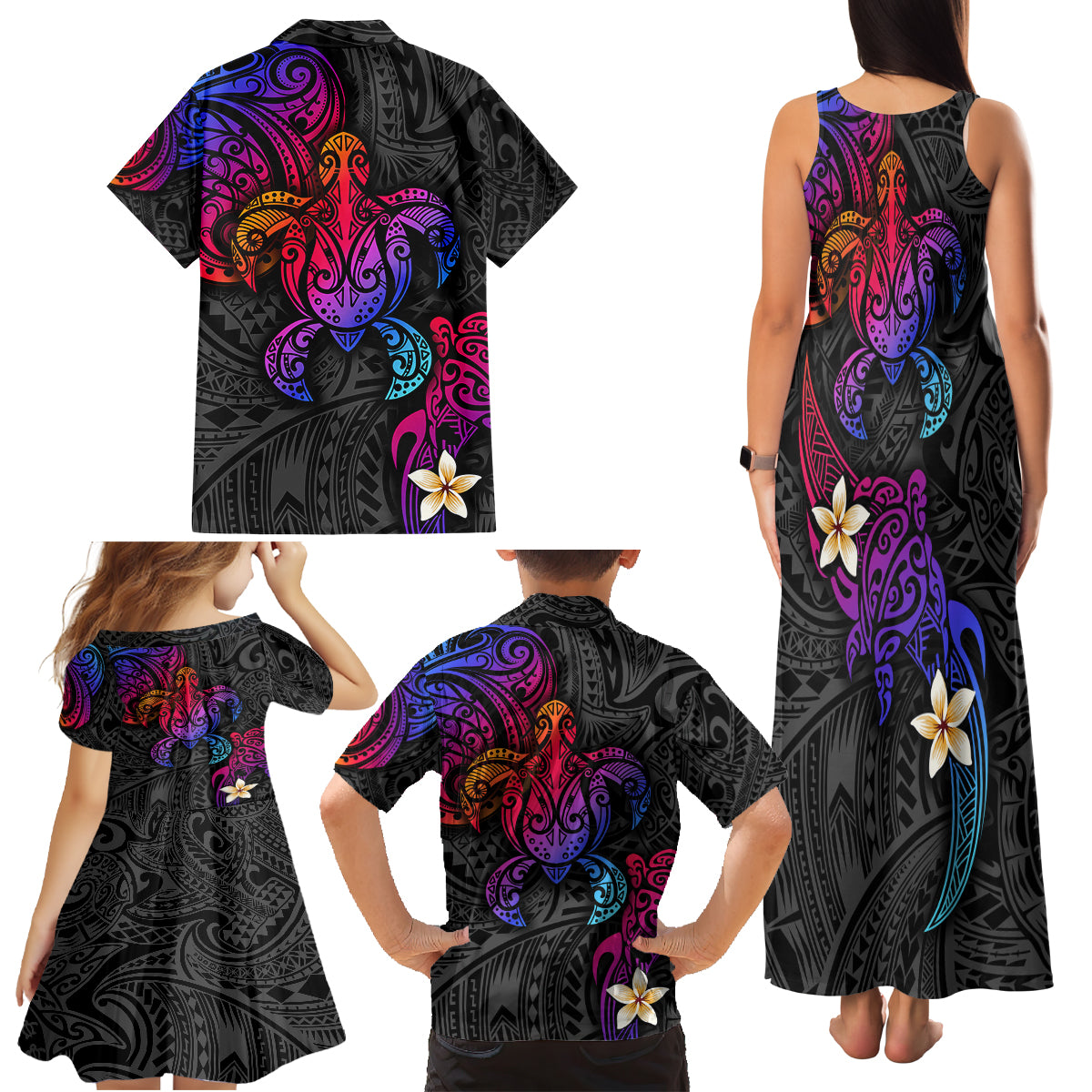 Turtle and Plumeria - Polynesian Family Matching Tank Maxi Dress and Hawaiian Shirt - Wonder Print Shop