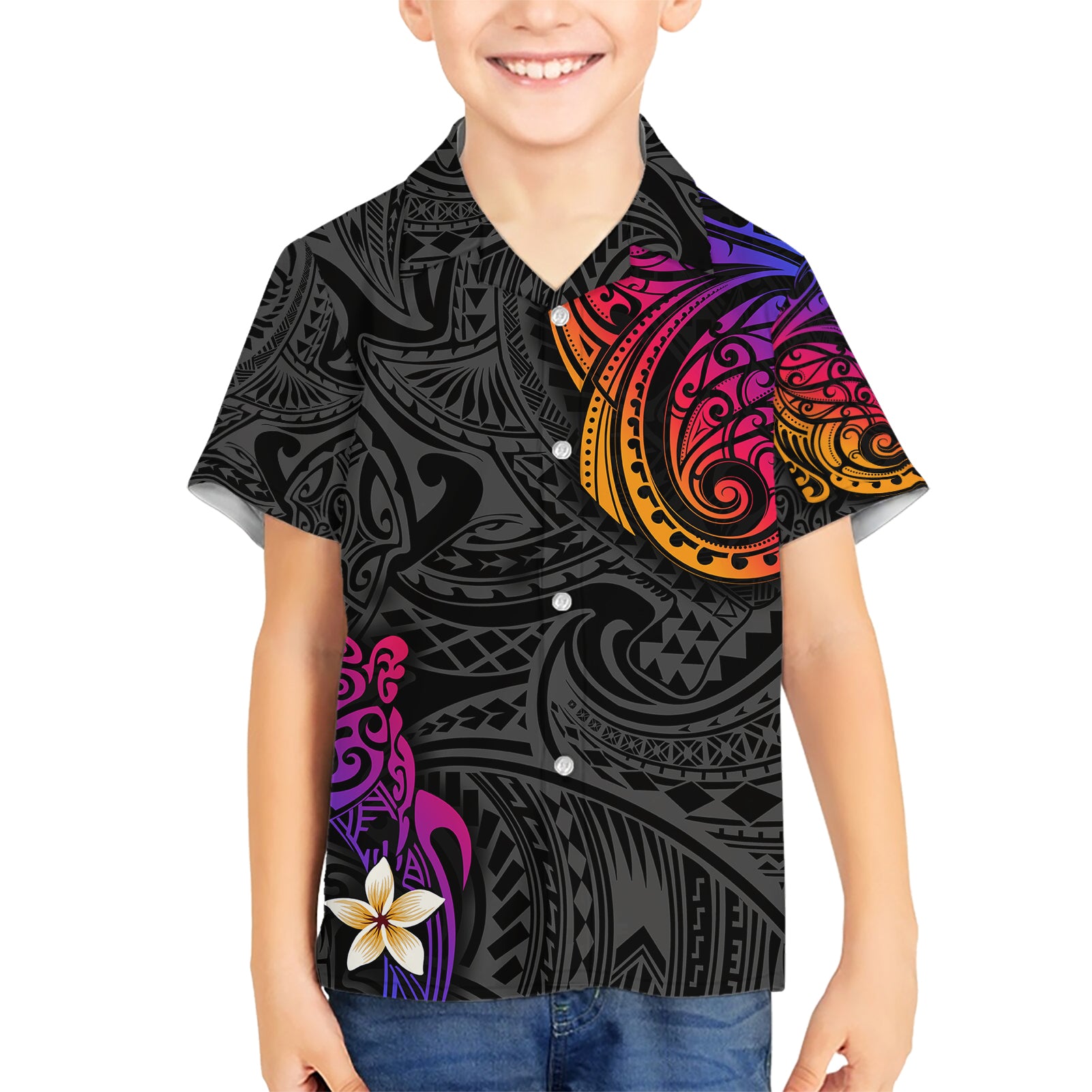 Turtle and Plumeria - Polynesian Kid Hawaiian Shirt - Wonder Print Shop