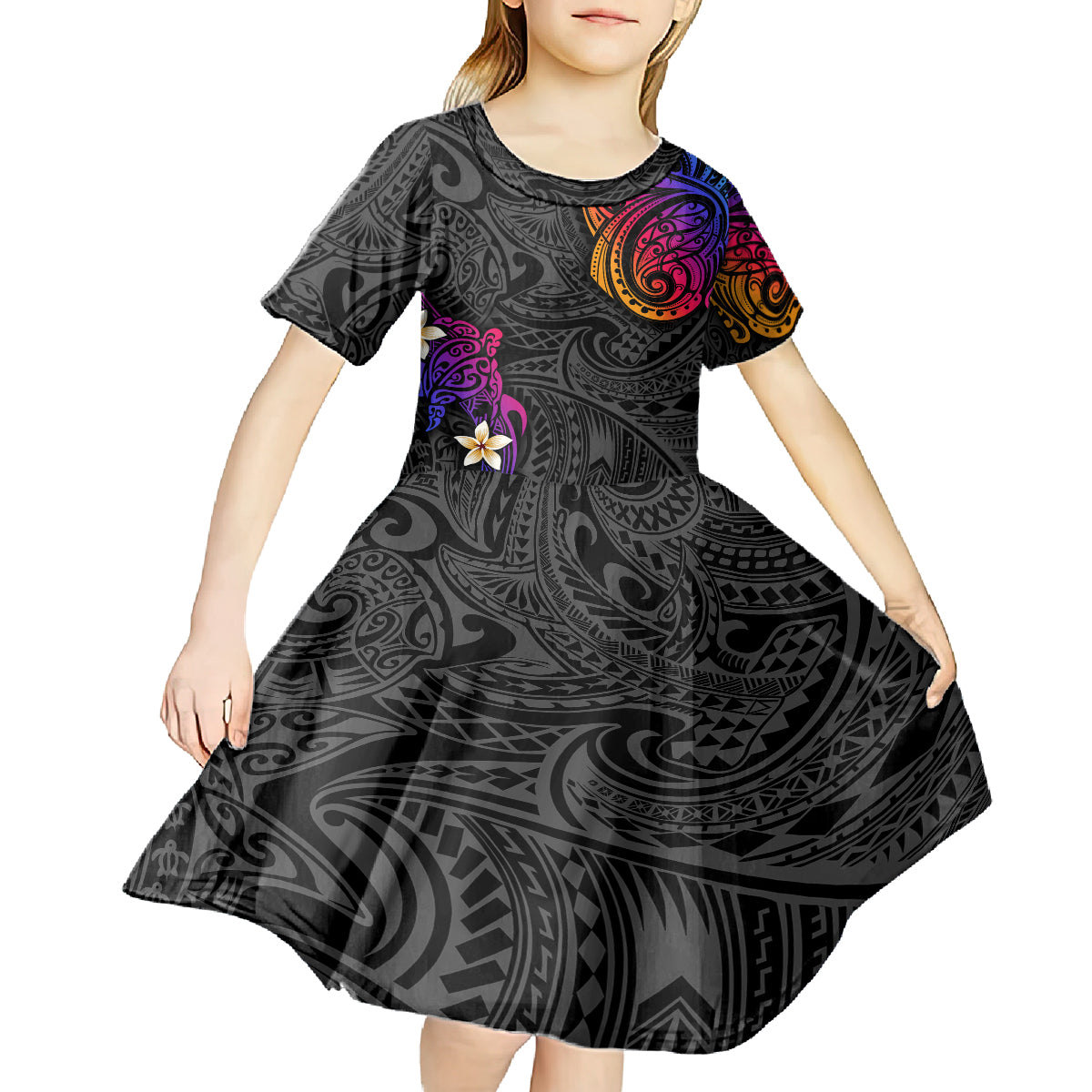 Turtle and Plumeria - Polynesian Kid Short Sleeve Dress - Wonder Print Shop