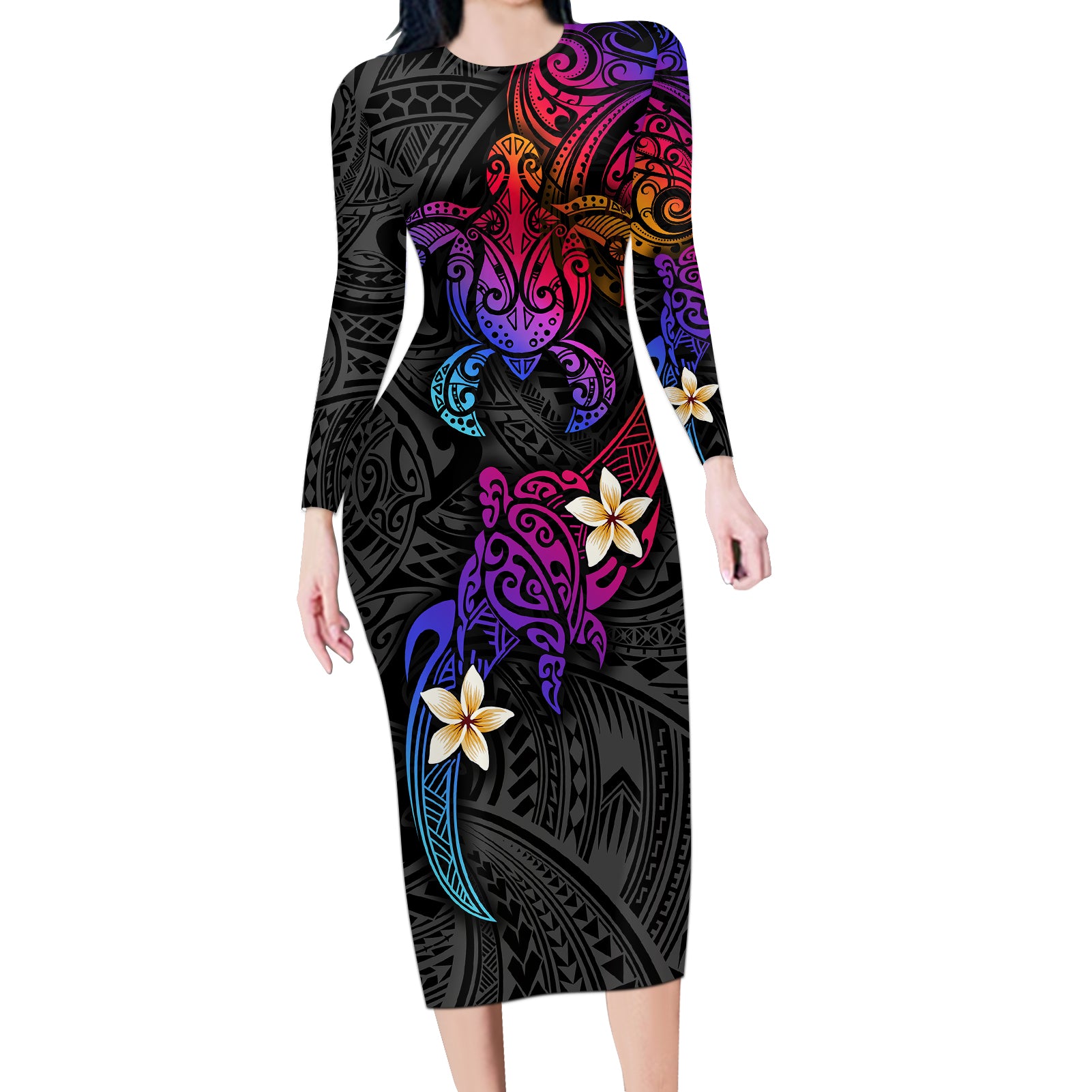 Turtle and Plumeria - Polynesian Long Sleeve Bodycon Dress - Wonder Print Shop