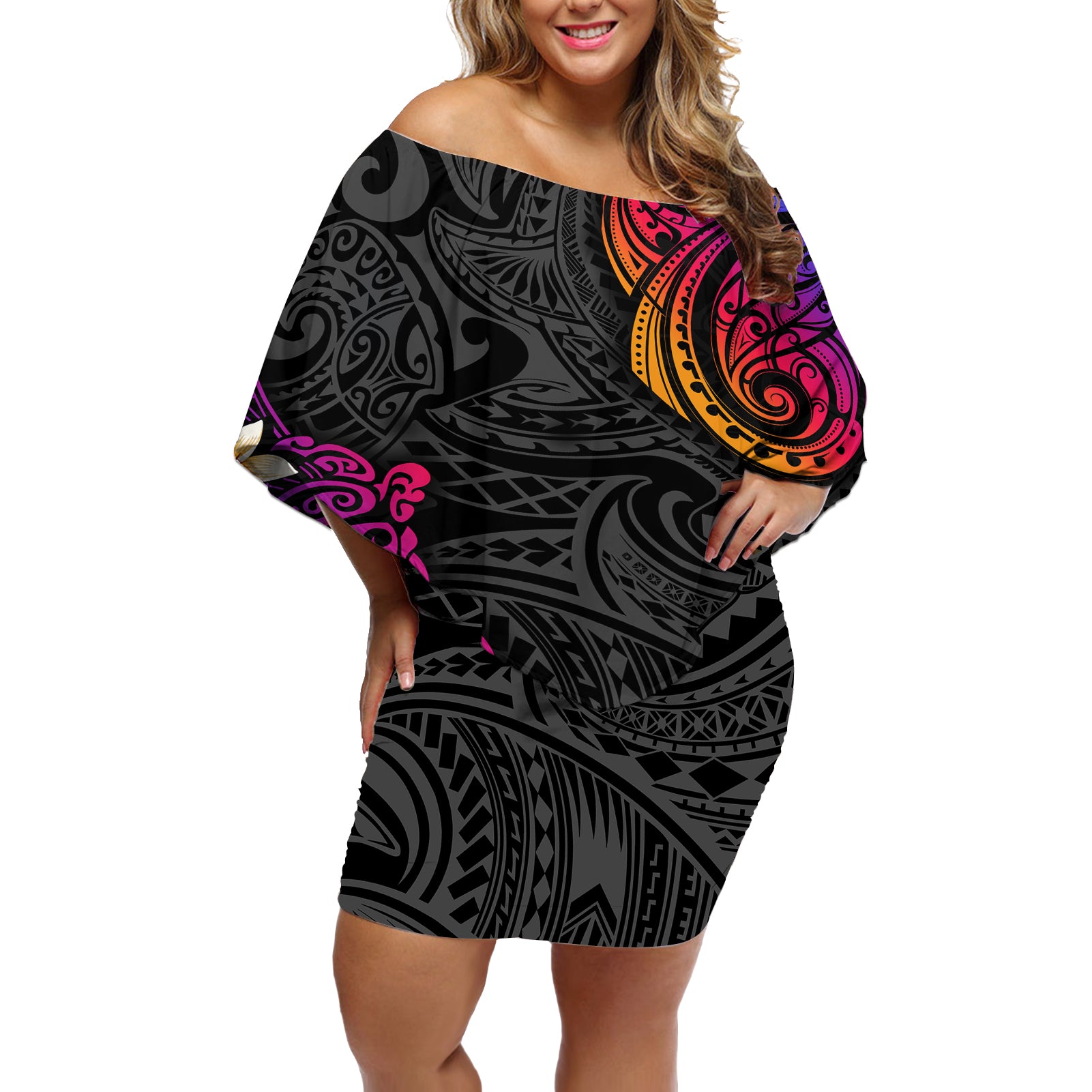 Turtle and Plumeria - Polynesian Off Shoulder Short Dress - Wonder Print Shop