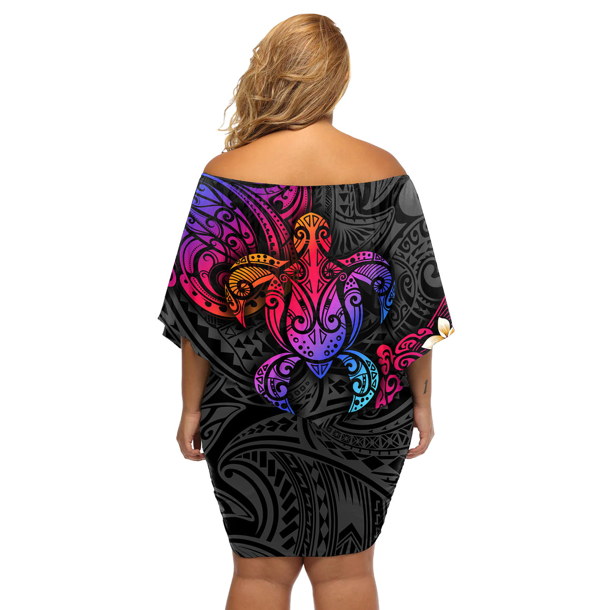 Turtle and Plumeria - Polynesian Off Shoulder Short Dress - Wonder Print Shop