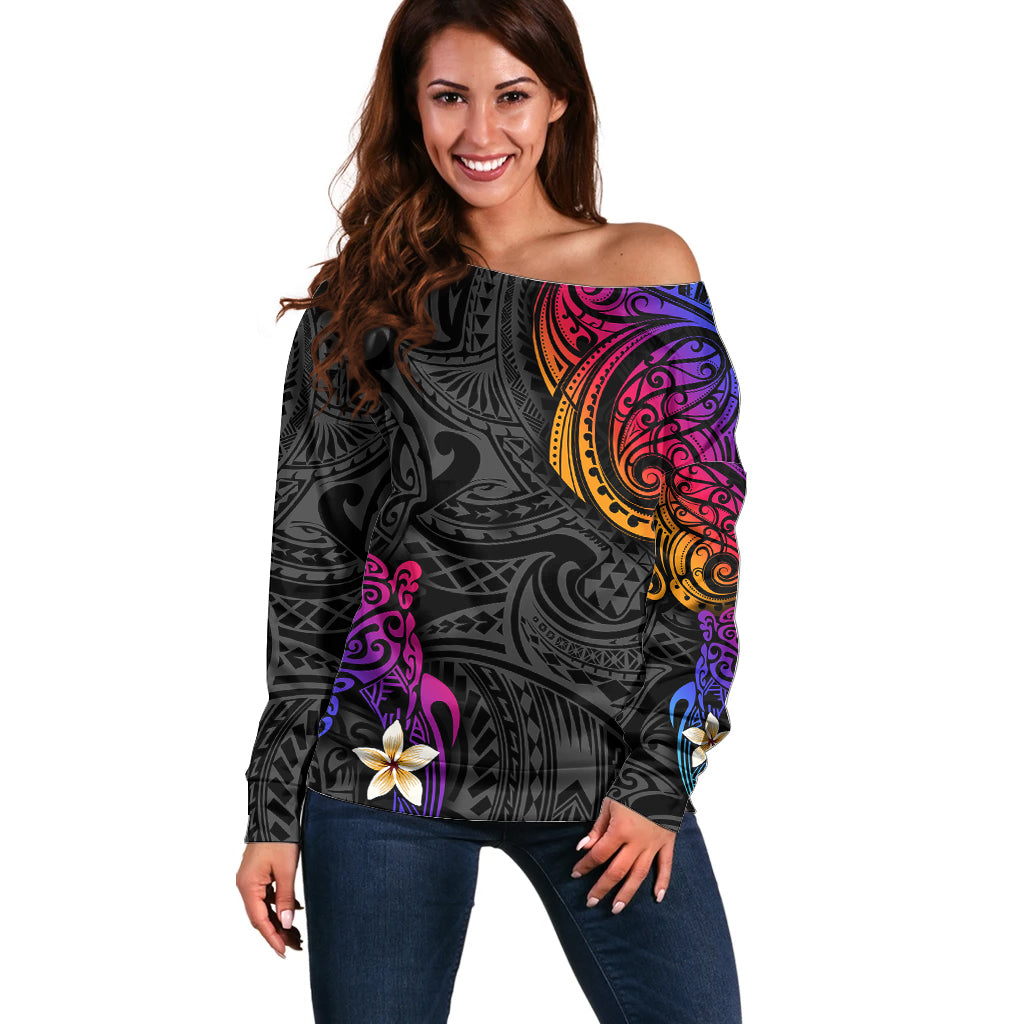 Turtle and Plumeria - Polynesian Off Shoulder Sweater - Wonder Print Shop