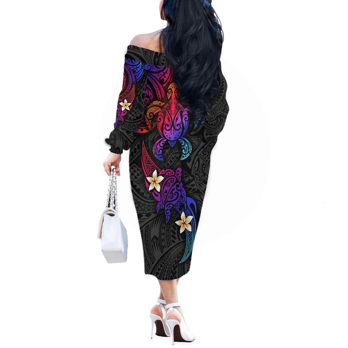 Turtle and Plumeria - Polynesian Off The Shoulder Long Sleeve Dress - Wonder Print Shop