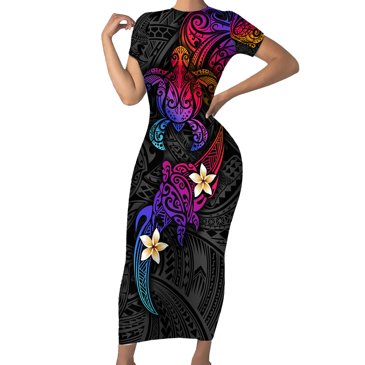 Turtle and Plumeria - Polynesian Short Sleeve Bodycon Dress - Wonder Print Shop