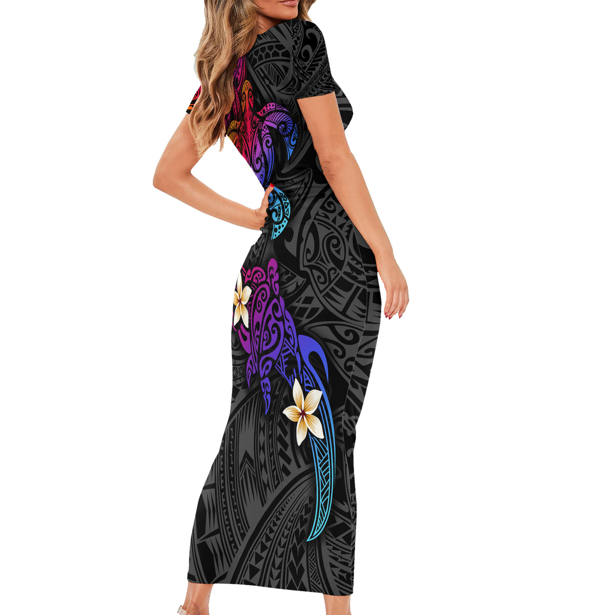 Turtle and Plumeria - Polynesian Short Sleeve Bodycon Dress - Wonder Print Shop