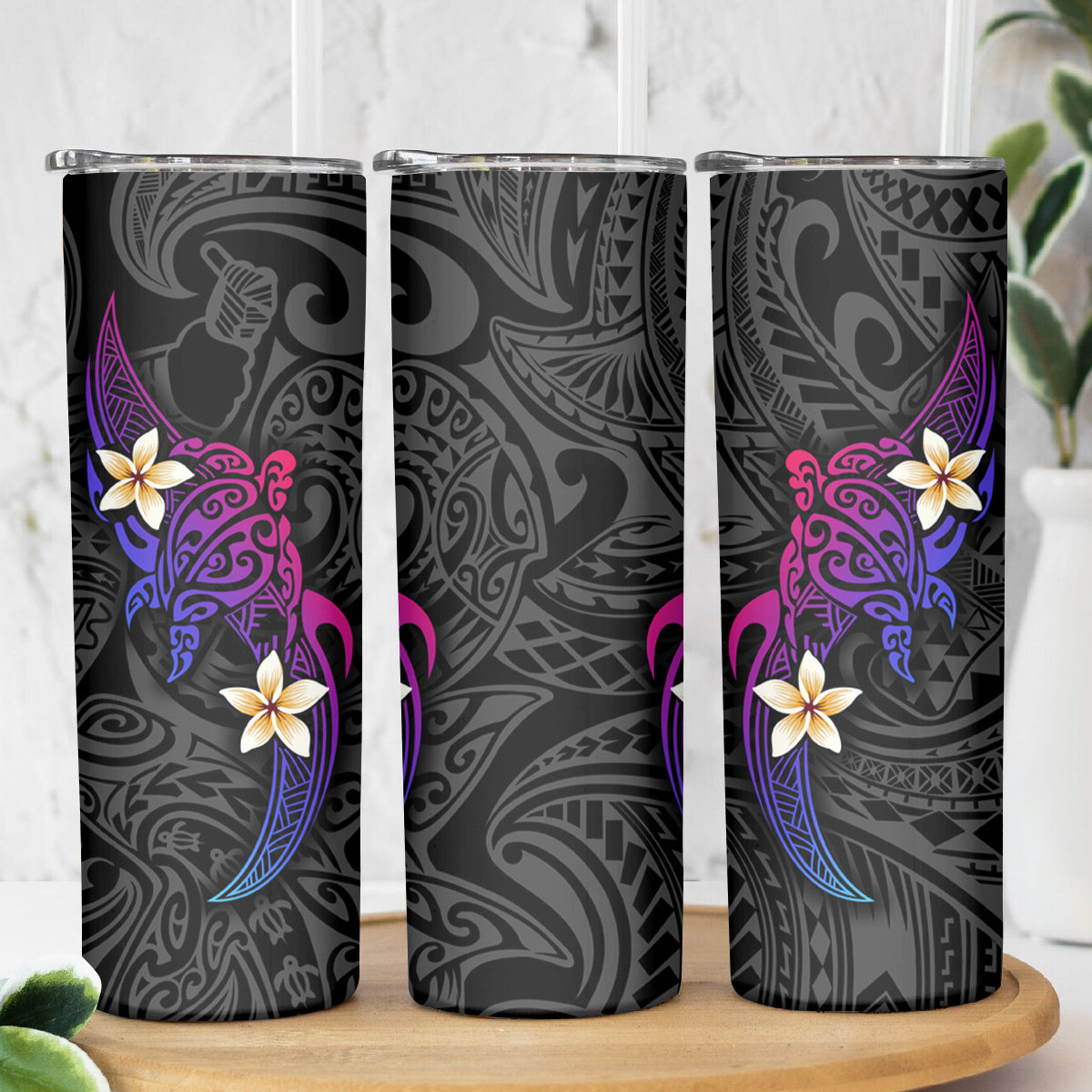 Turtle and Plumeria - Polynesian Skinny Tumbler - Wonder Print Shop