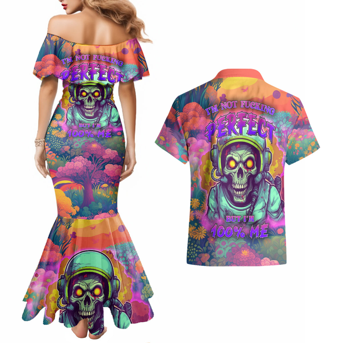 I'm Not Perfect But I'm 100% Me Couples Matching Mermaid Dress and Hawaiian Shirt - Wonder Print Shop