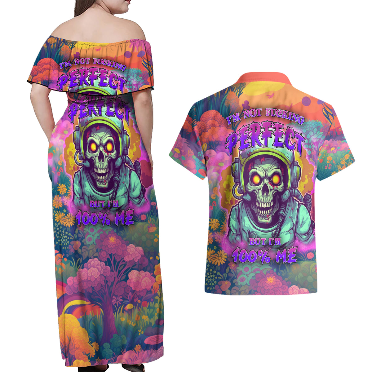 I'm Not Perfect But I'm 100% Me Couples Matching Off Shoulder Maxi Dress and Hawaiian Shirt - Wonder Print Shop