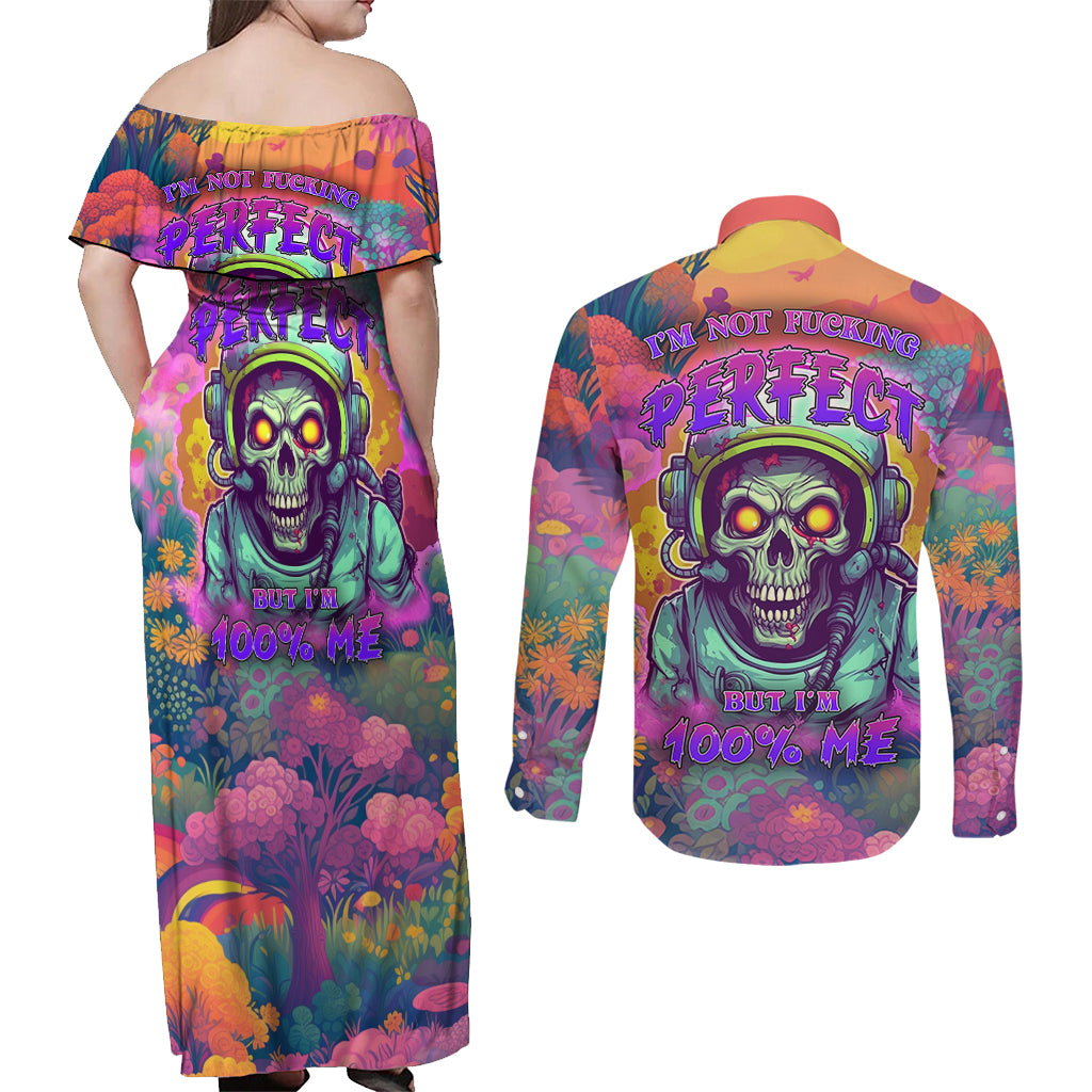I'm Not Perfect But I'm 100% Me Couples Matching Off Shoulder Maxi Dress and Long Sleeve Button Shirts - Wonder Print Shop