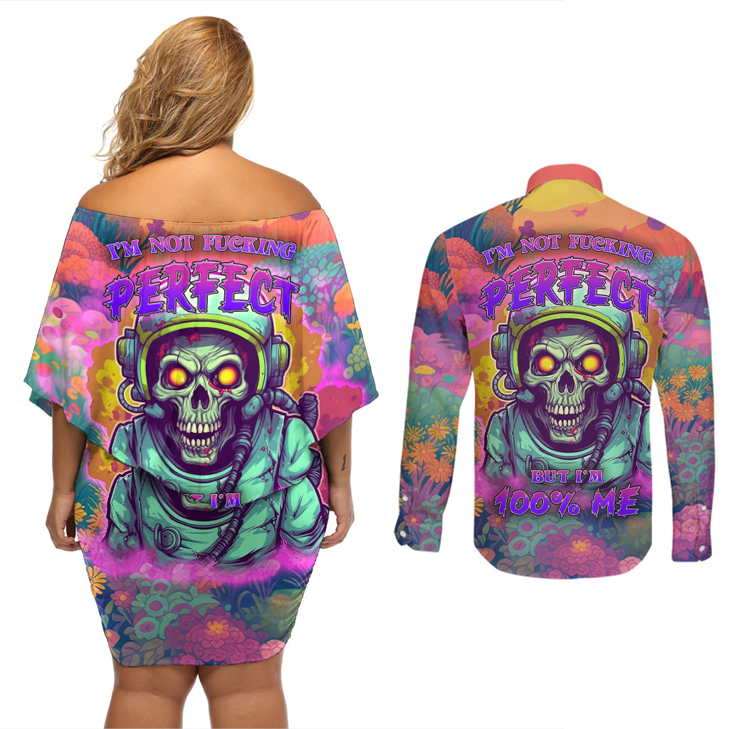I'm Not Perfect But I'm 100% Me Couples Matching Off Shoulder Short Dress and Long Sleeve Button Shirts - Wonder Print Shop