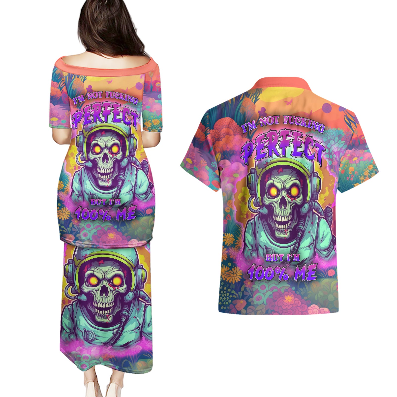 I'm Not Perfect But I'm 100% Me Couples Matching Puletasi Dress and Hawaiian Shirt - Wonder Print Shop