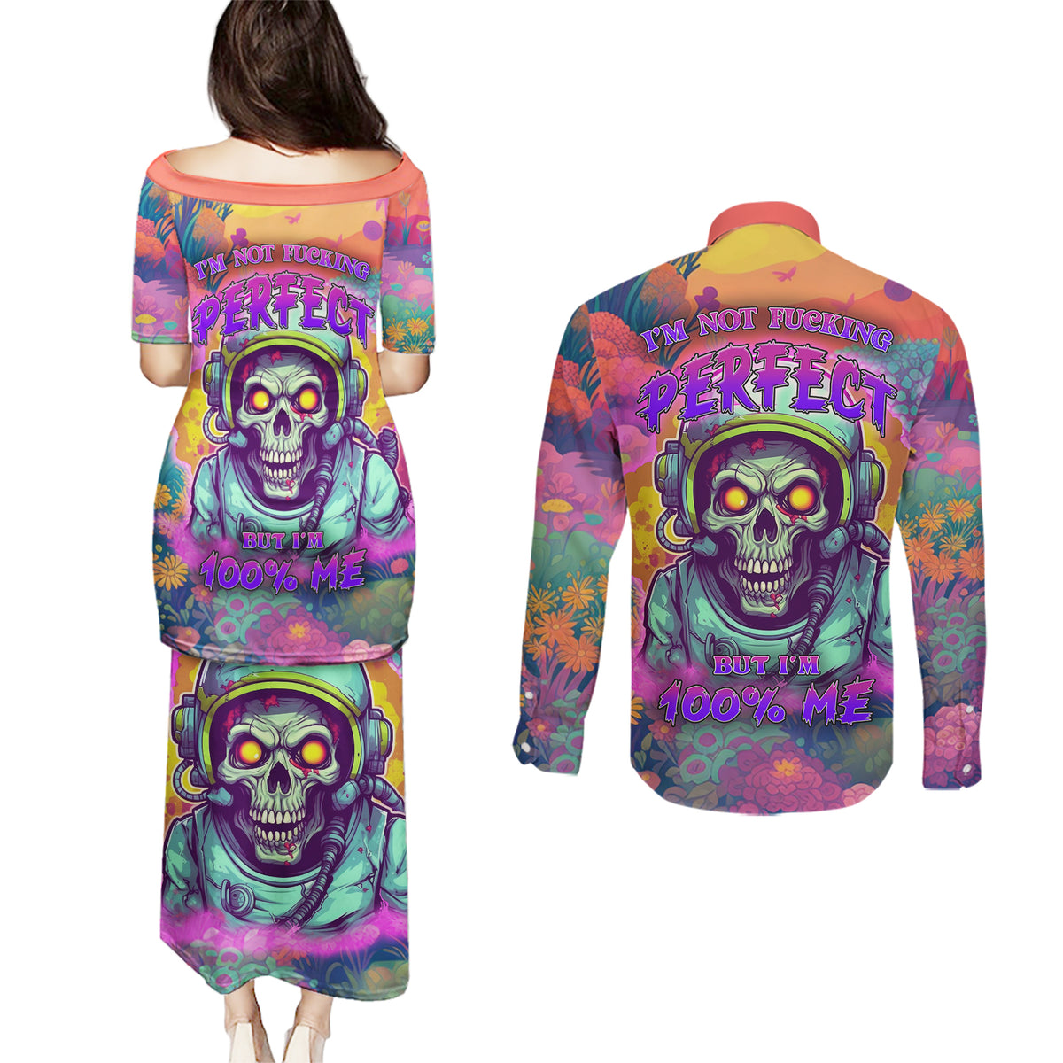 I'm Not Perfect But I'm 100% Me Couples Matching Puletasi Dress and Long Sleeve Button Shirts - Wonder Print Shop