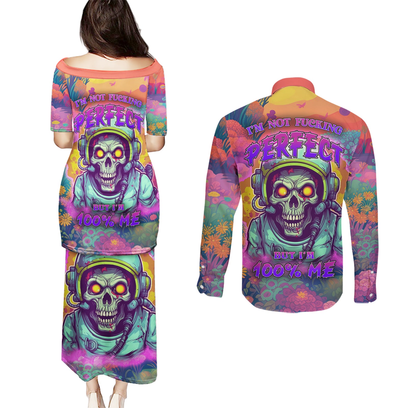 I'm Not Perfect But I'm 100% Me Couples Matching Puletasi Dress and Long Sleeve Button Shirts - Wonder Print Shop