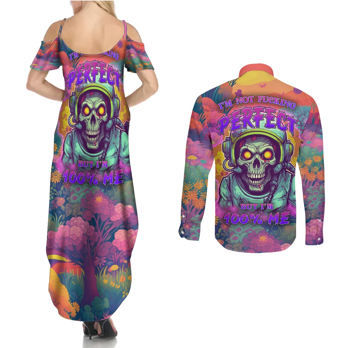 I'm Not Perfect But I'm 100% Me Couples Matching Summer Maxi Dress and Long Sleeve Button Shirts - Wonder Print Shop