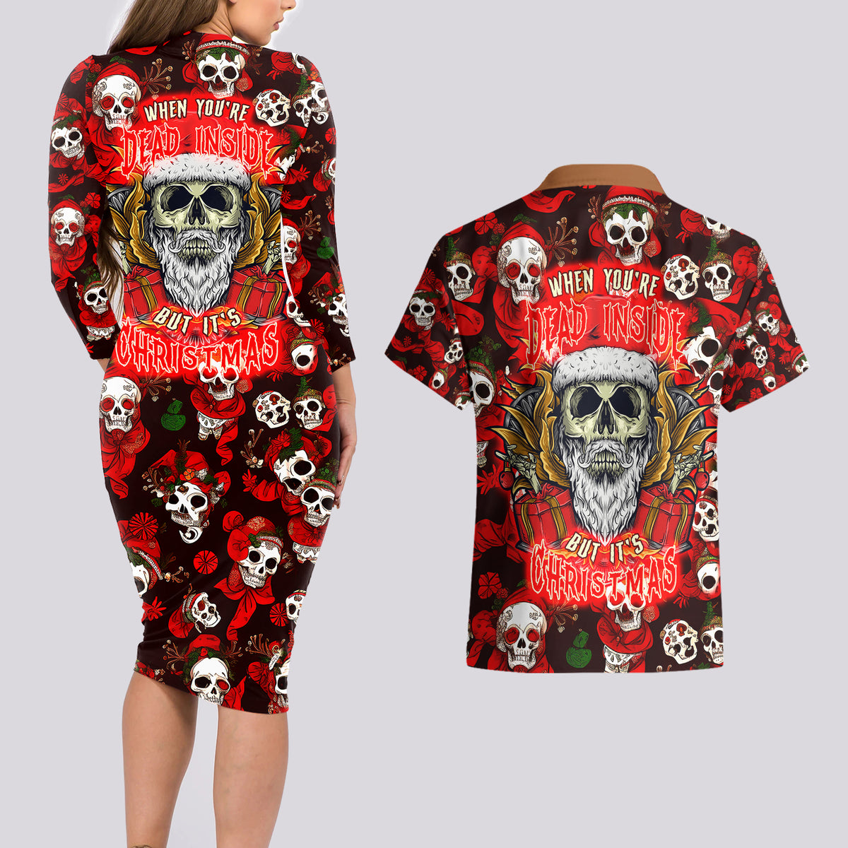 Christmas Skull Couples Matching Long Sleeve Bodycon Dress and Hawaiian Shirt When You're Dead Inside But It's Christmas - Wonder Print Shop