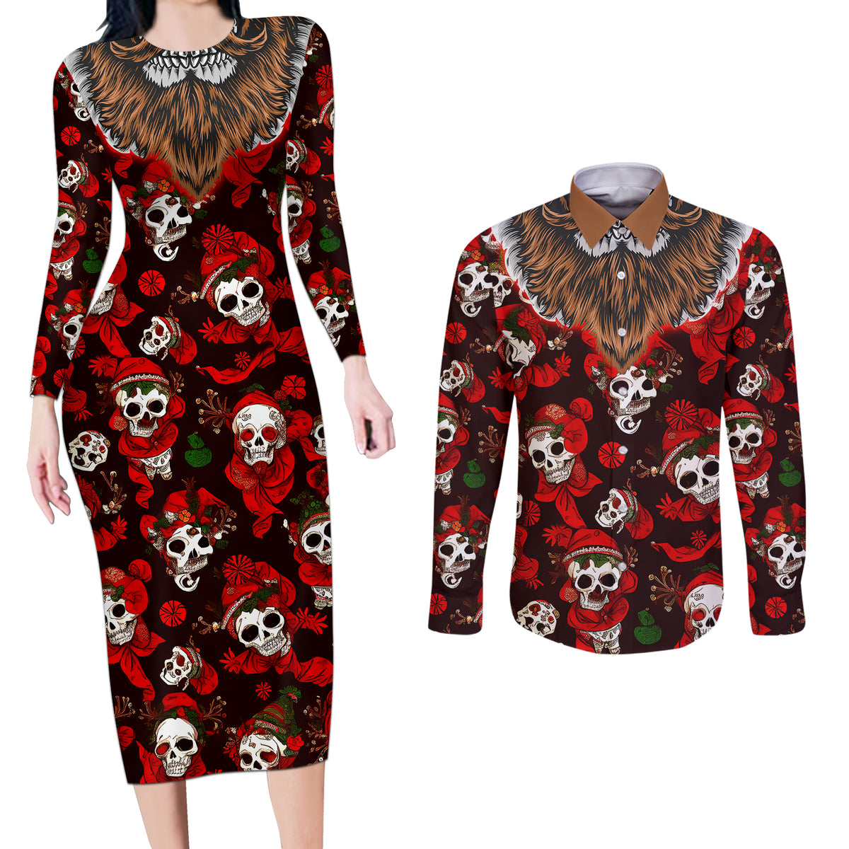 Christmas Skull Couples Matching Long Sleeve Bodycon Dress and Long Sleeve Button Shirts When You're Dead Inside But It's Christmas - Wonder Print Shop