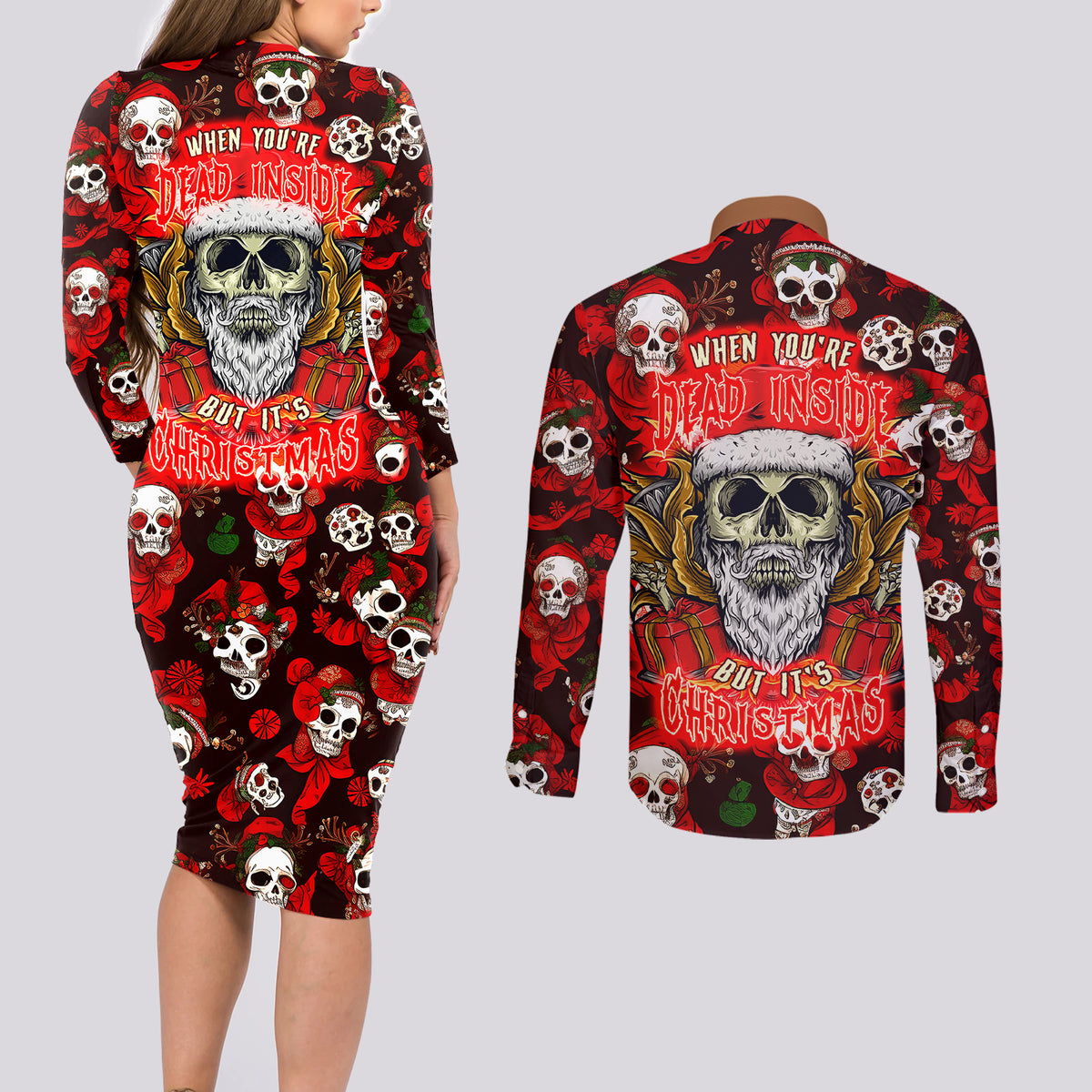 Christmas Skull Couples Matching Long Sleeve Bodycon Dress and Long Sleeve Button Shirts When You're Dead Inside But It's Christmas - Wonder Print Shop
