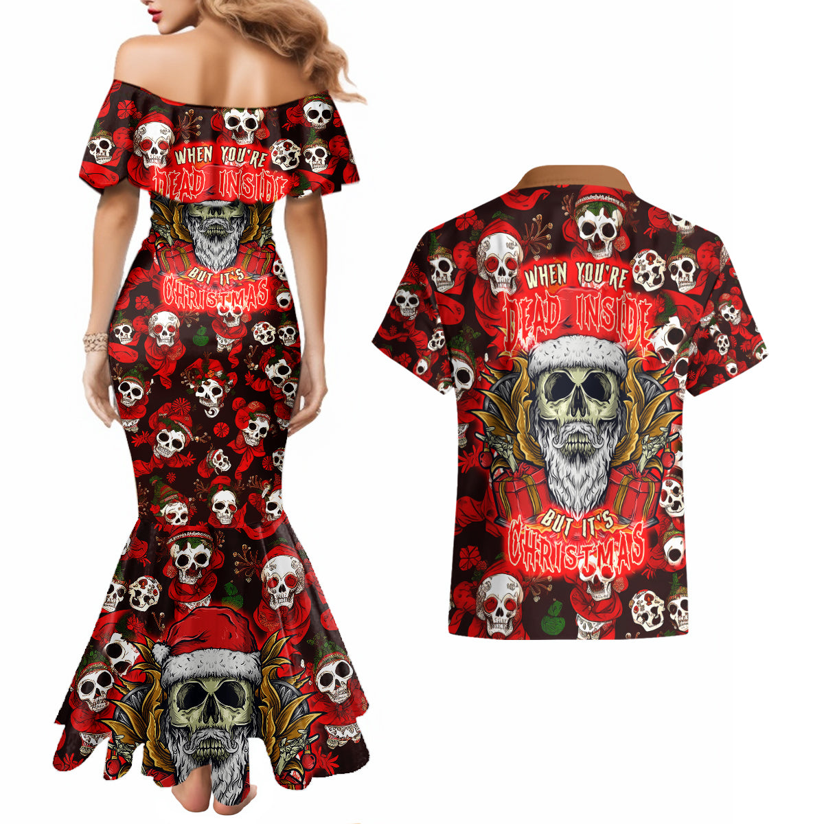 Christmas Skull Couples Matching Mermaid Dress and Hawaiian Shirt When You're Dead Inside But It's Christmas - Wonder Print Shop