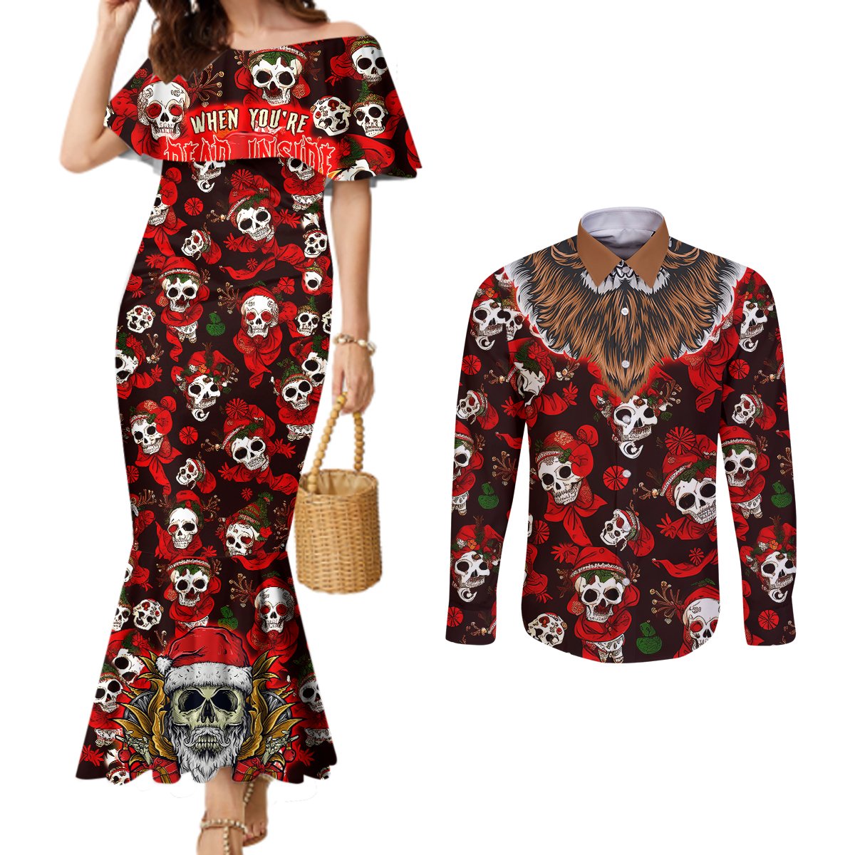 christmas-skull-couples-matching-mermaid-dress-and-long-sleeve-button-shirts-when-youre-dead-inside-but-its-christmas